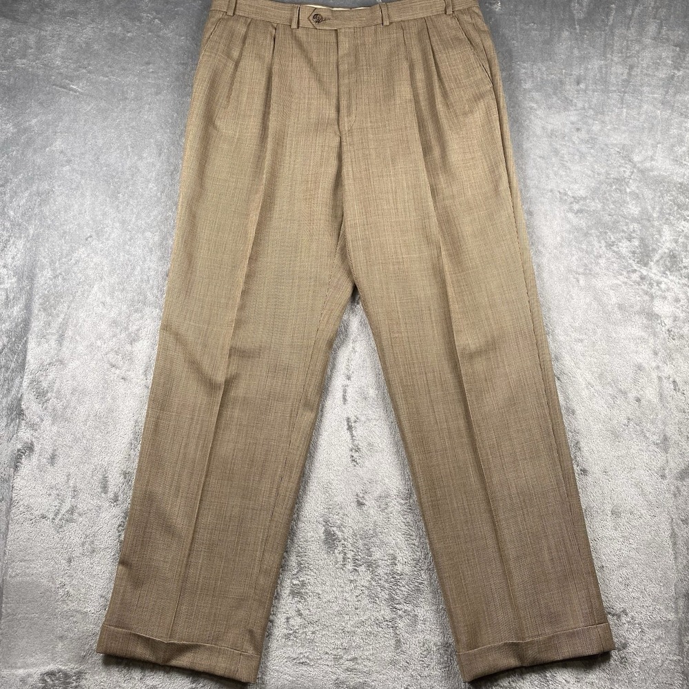 Vintage Lauren Ralph Lauren Pants Mens 38 Tan Wool Pleated Cuffed Micro Check